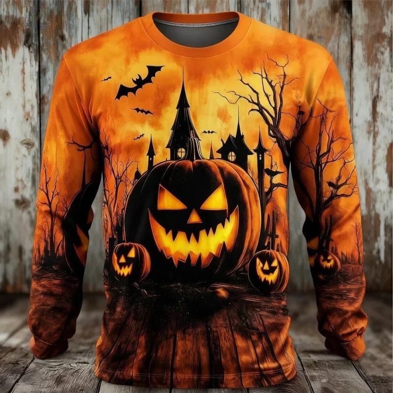 Men Long Sleeve T‑Shirt Halloween Pumpkin Haunted House Bat Ghost 3D Print Casual Party Streetwear Top