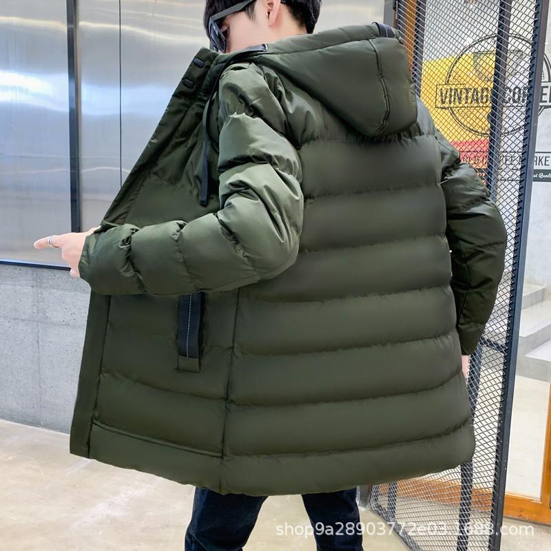 Mens Thick Hooded Cotton Puffer Jacket Mid-Length Winter Coat Casual Wear In Black Gray Army Green