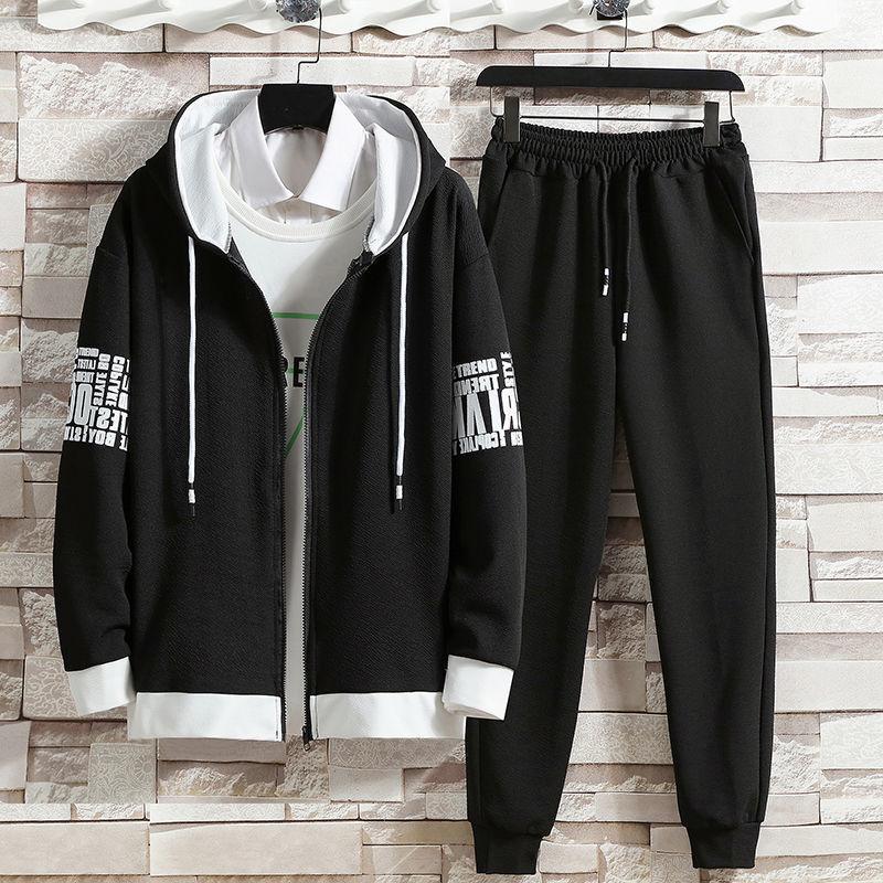 Spring and Autumn Trend Hooded Cardigan Sports Top Trousers Youth Leisure Sports Sweater Student Solid Color Fashion Suit Male