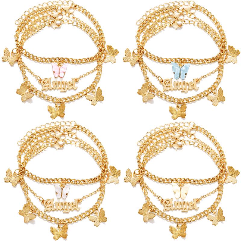 Engel Schmetterling 3-teiliges Mehrschicht-Anhänger Fußkettchen-Set - Europäischer und Amerikanischer Stil