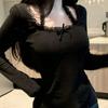 Lace T Shirt for Women Spring Slim Crop Top Korean Halter Long Sleeve Tees Y2k Solid Ladies Tshirts Femme Bow Sweet Clothing New