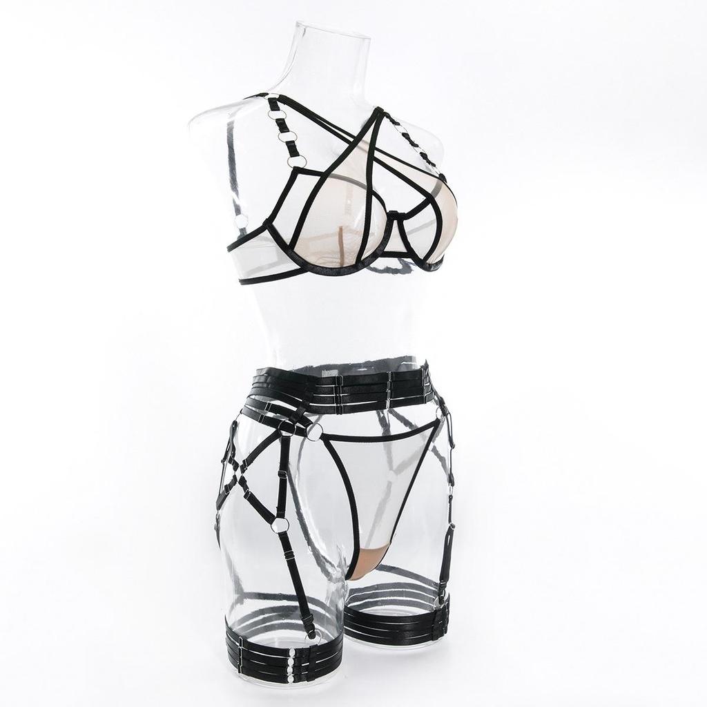 Sexy European & American Cross-Stitched Underwire Lingerie Three-Piece Set