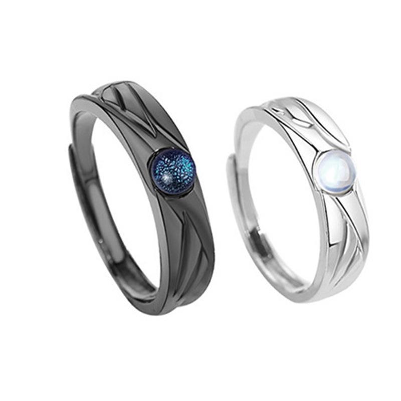 Fashion Retro Coloured Glaze Moonstone Couple Ring Angel and Demon Black White Couple Ring Adjustable Ring Jewelry Gift