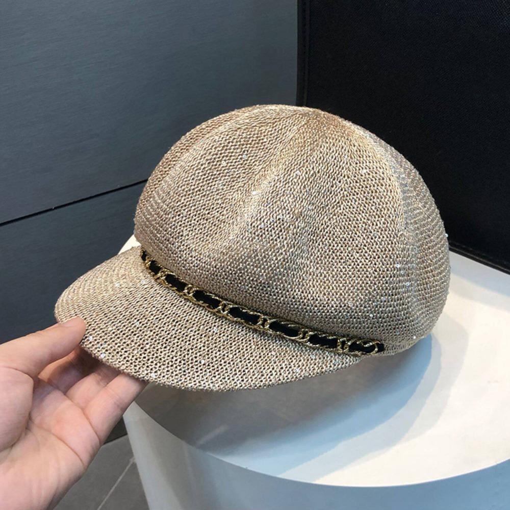 Leather Buckle Hollow Octagonal Hat Sun Protection Peaked Cap Breathable Hat  Spring Summer