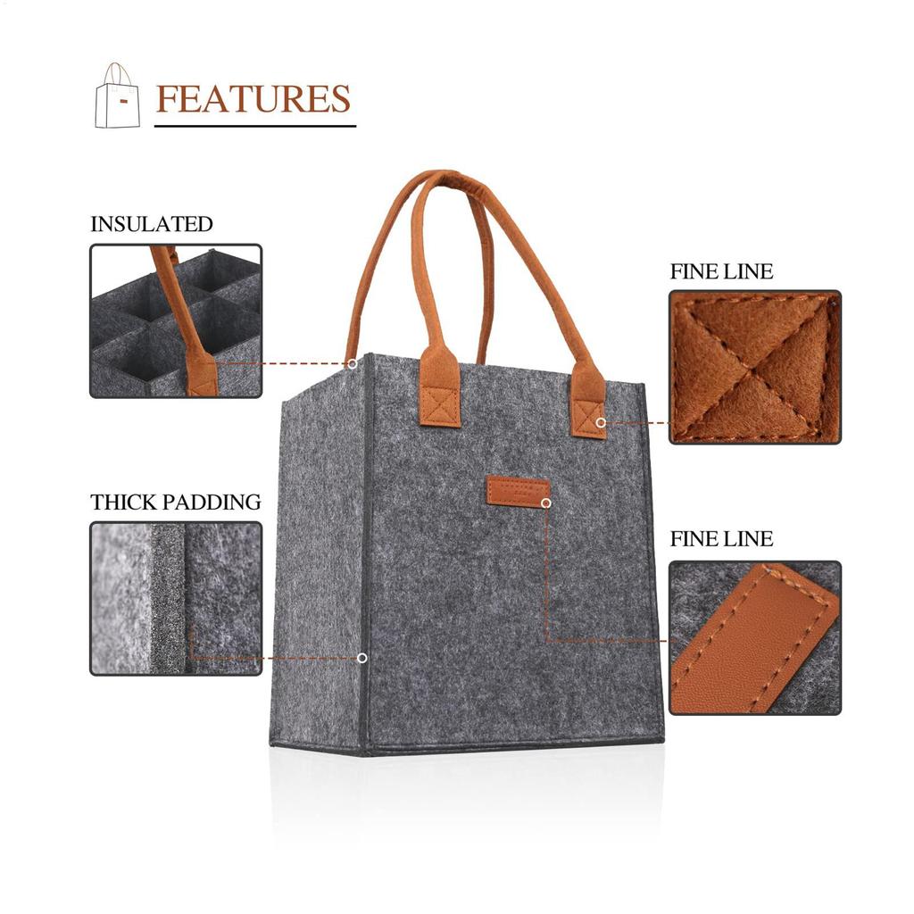 6 Bottle Wine Carrier with Divider Felt Wine Storage Tote Bag Portable Wine Gift Bag Red Wine Storage Box with Handle