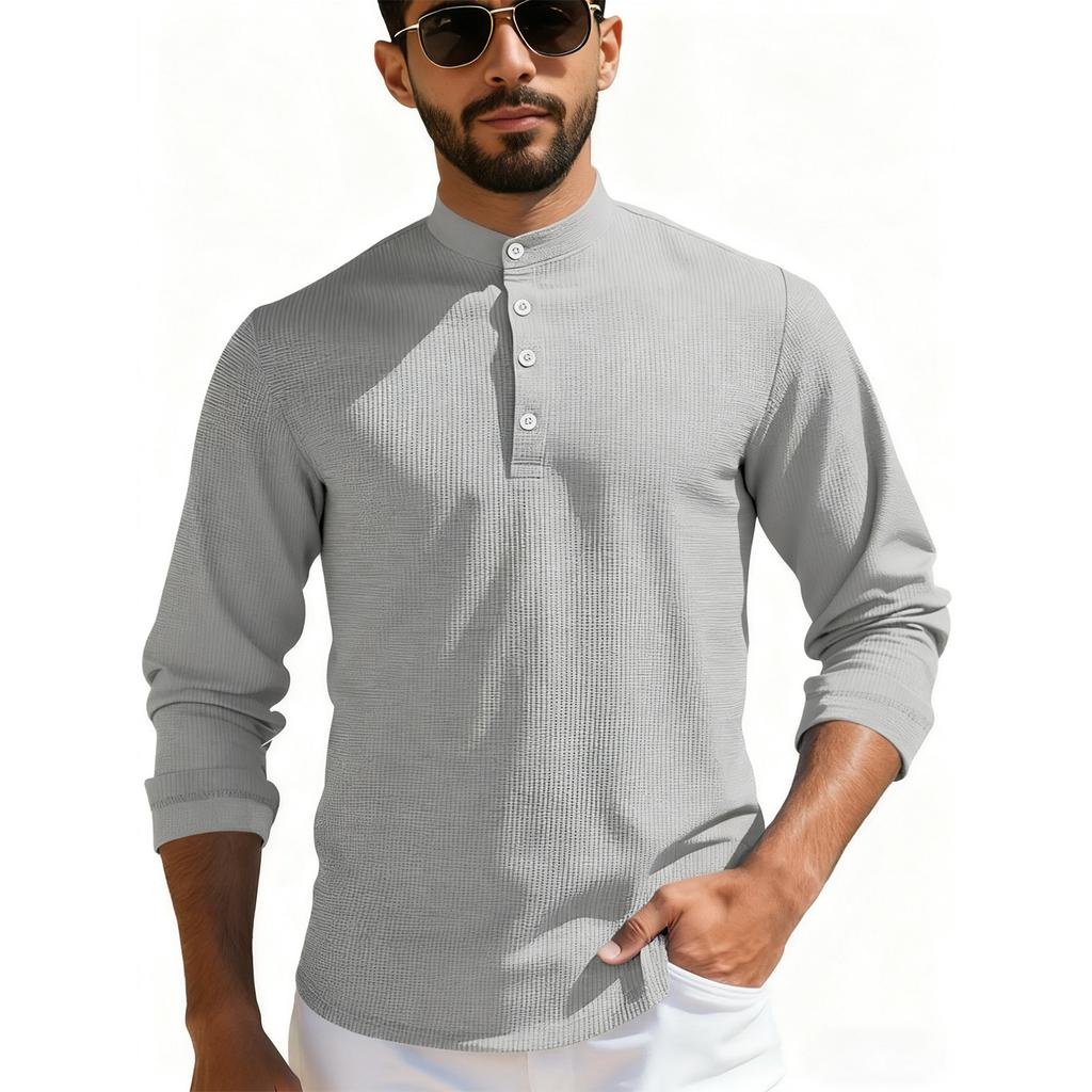 Mens Long Sleeve  Casual T-Shirts For Men Plaid Textured Top 4-Button Muscle Tee Baseball Golf