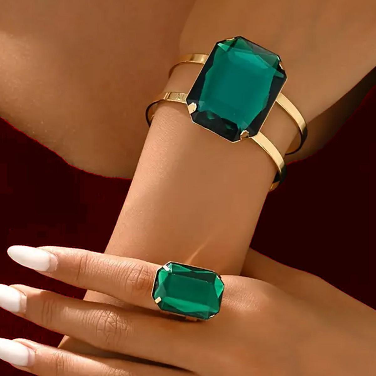 

Комплект из преувеличенного браслета и кольца для женщин зелёный