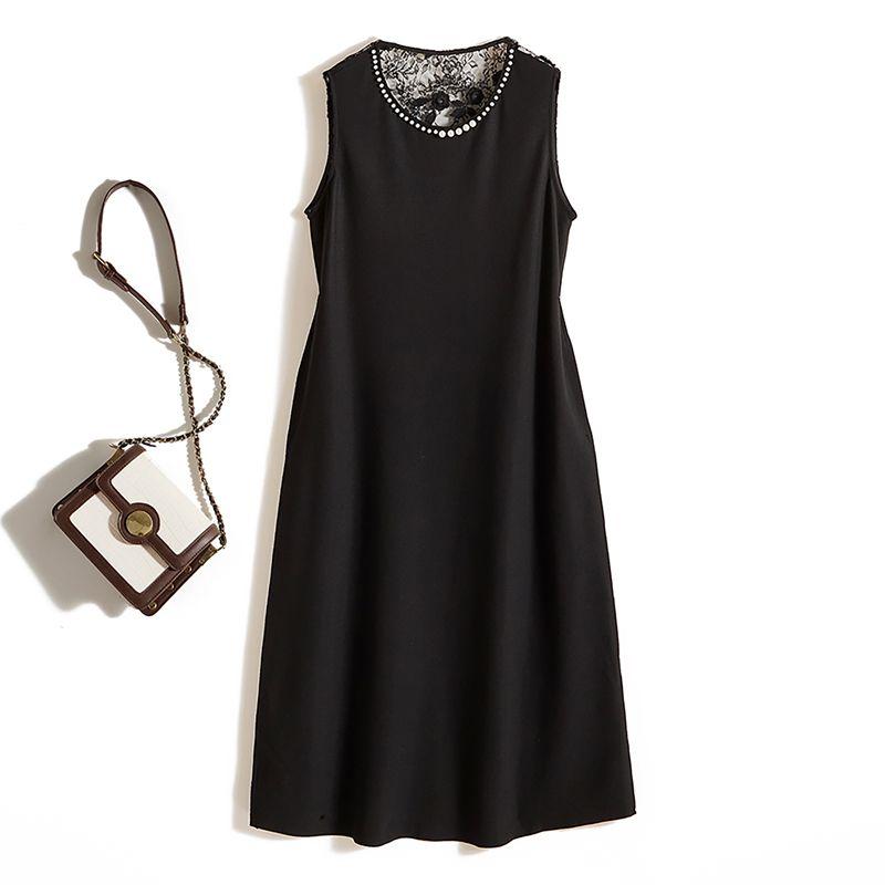 

Crochet Lace Dress Black Dress! Elegant Women s Pearl round Neck Sleeveless over-the-Knee Ramie Cotton Dress Summer Non-Ironing Black 4XL