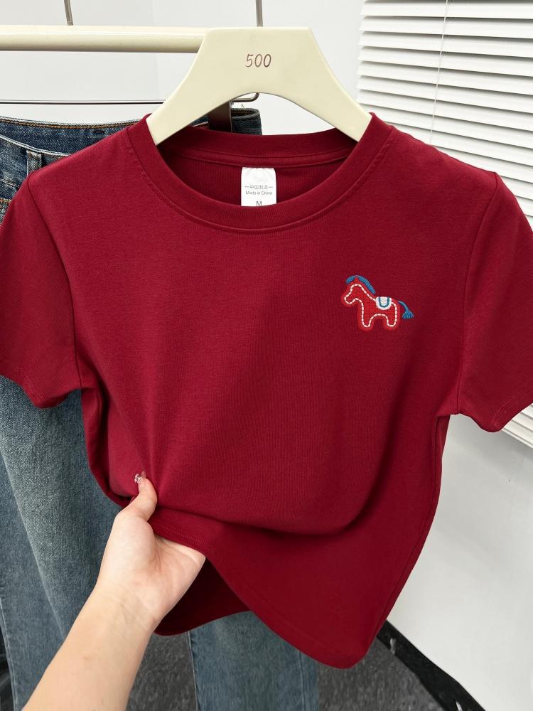 2026 Wine Red Plus Size Short Sleeve Women's T-Shirt: Flattering, Versatile, Round Neck, Belly-Hiding, Stylish Top