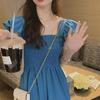 2023 Summer French-Style Pleated Waist Midi Dress with Flutter Sleeves and Square Neck