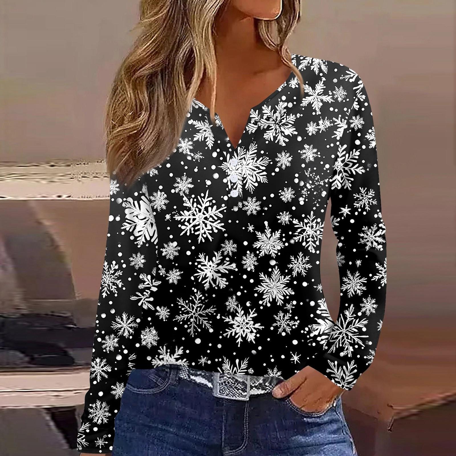 

Жіноча футболка з різдвяним принтом і ґудзиками, з довгим рукавом, щоденна мода на вихідні, звичайний топ із V-подібним вирізом L чорний