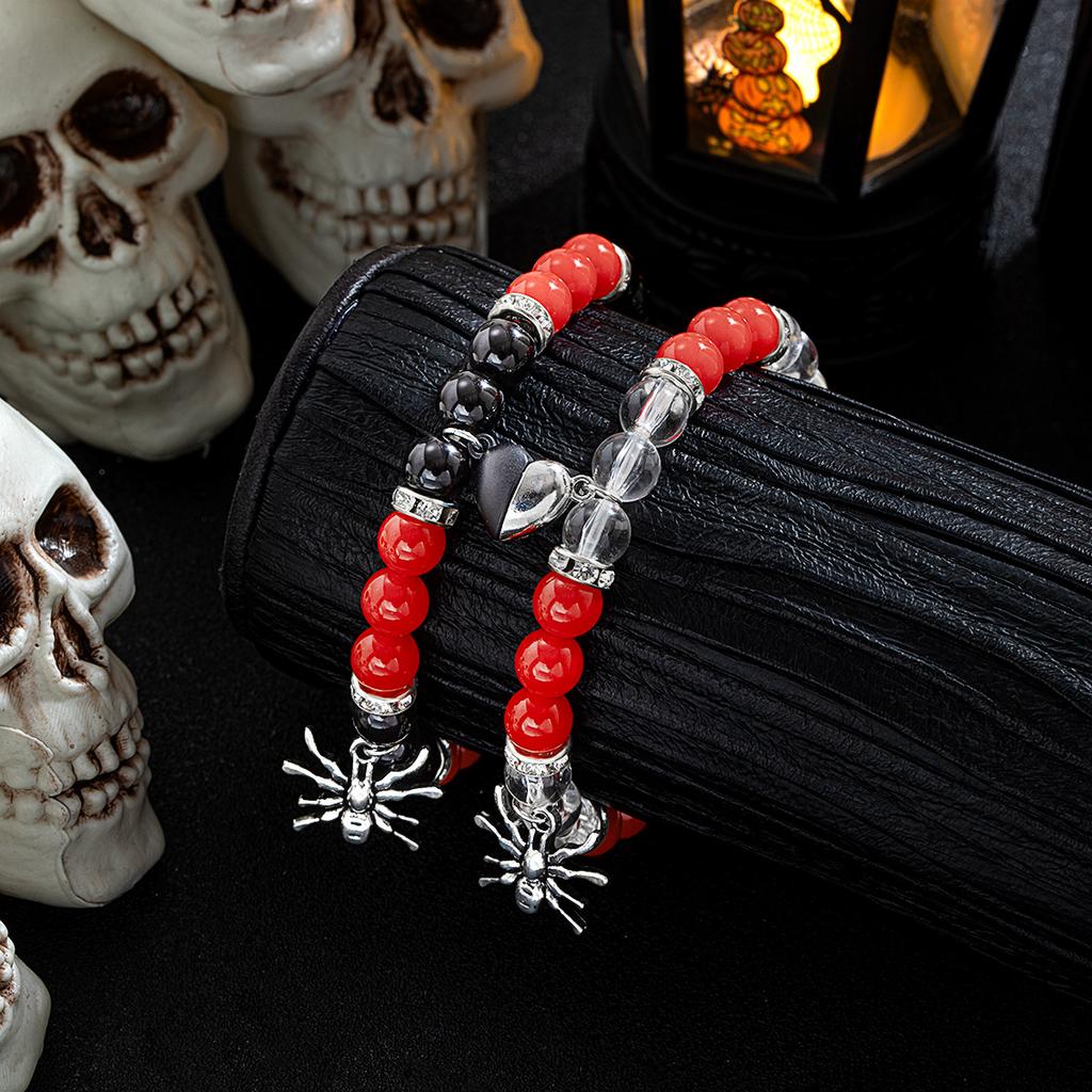 2 Halloween spider pendants, red and black bead bracelets, couple style heart-shaped bracelets