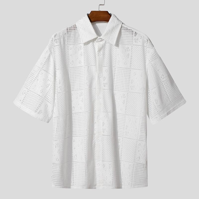 

INCERUN Oversized Men Shirts Short Sleeve Lace Hollow Patchwork Casual Loose Tops 4XL