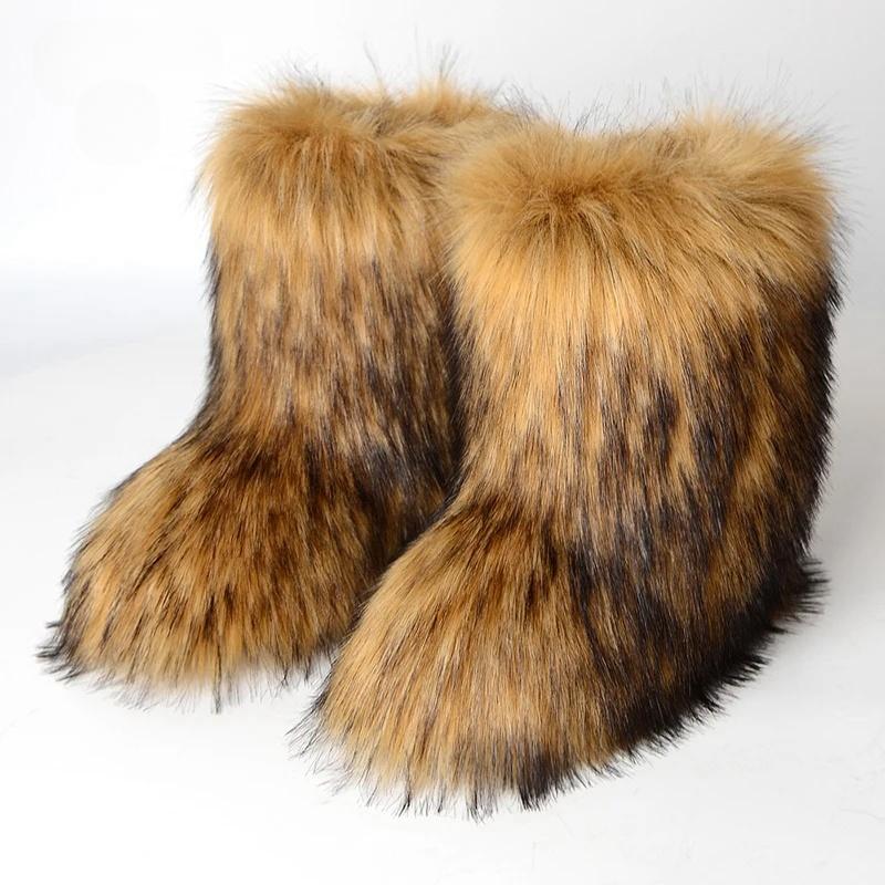 Women Winter Faux Fur Boots Woman Fluffy Plush Warm Snow Boots Luxury Footwear Girls Furry Fur Bottes Fashion Winter Shoe