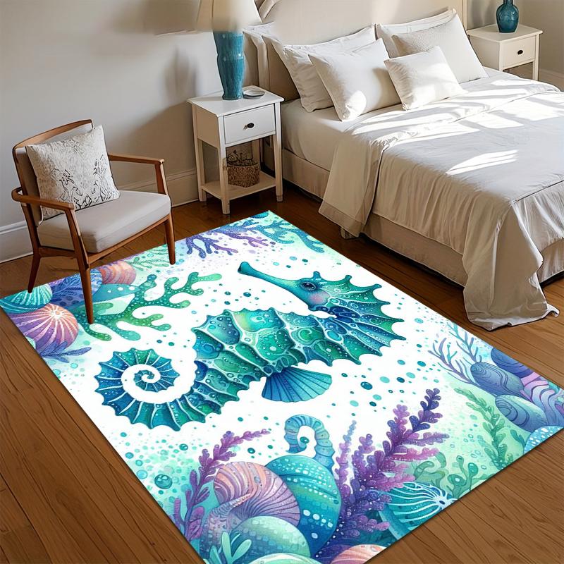 

Watercolor Seahorse Area Rug Non Slip Washable Floor Carpet for Living Room Bedroom Nursery with Seashell and Coral Pattern 40x60cm