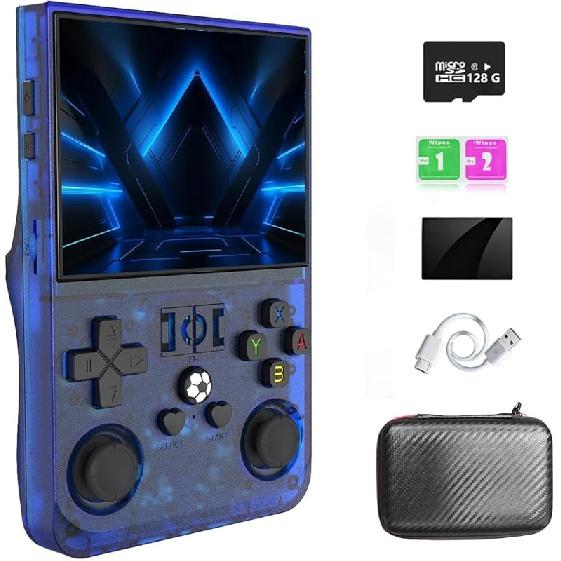 

r36pro Retro Handheld Game Console Linux System 128G Card 20000+ Game,Portable Retro Game Console 3.5 IPS Screen Support 30+ Emulators (Clear Clear blue-128G