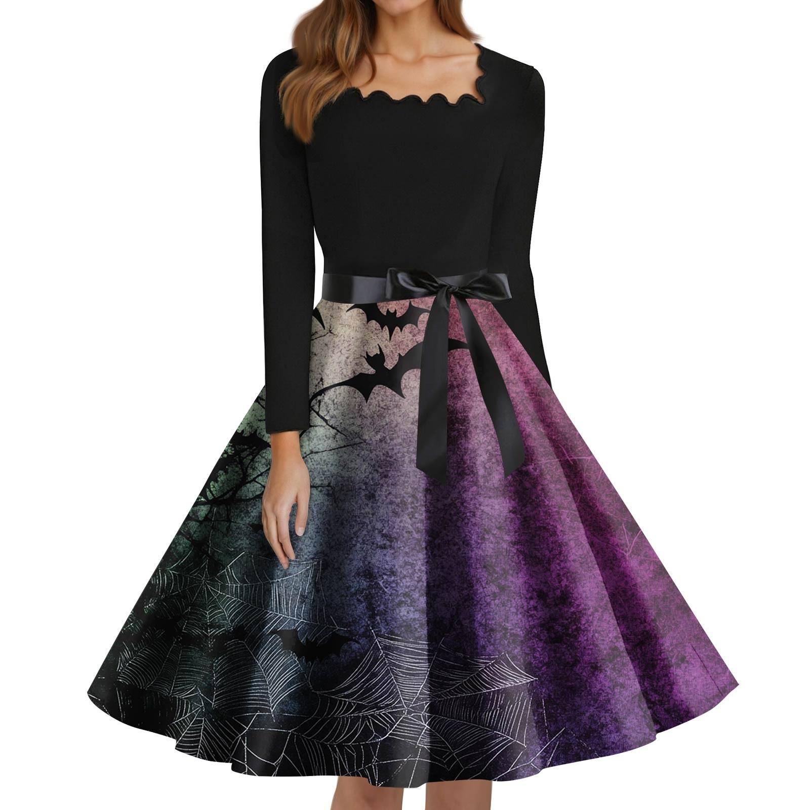 

Женские модные платья с квадратным вырезом, повседневные, приталенные, с принтом на Хэллоуин, с длинным рукавом M