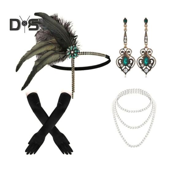 Sada šperků 20. léta Čelenka Rukavice Náušnice Set Třpytivé náušnice Pokrývka hlavy se sekvinami Korálky Doplňky pro hraní rolí