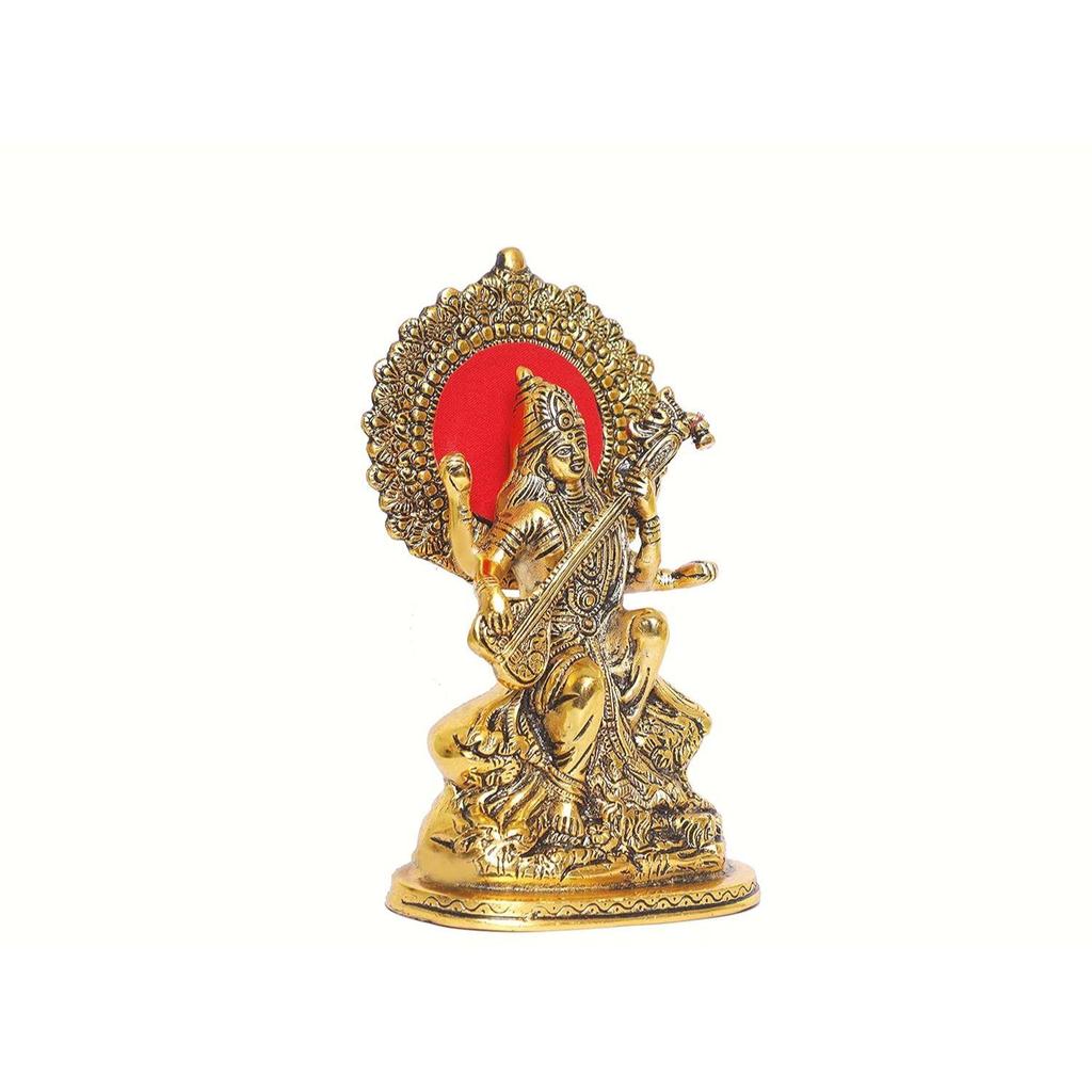 Gold Plated Maa Saraswati Metal Statue,Hindu Goddess Saraswati Ji Murti for Pooja,Meditation