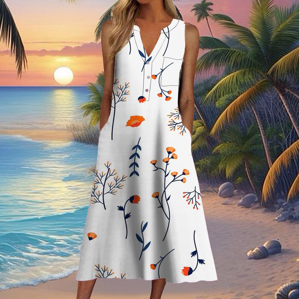 European and American summer new women's clothing, fashionable pocket V-neck striped sleeveless casual dress