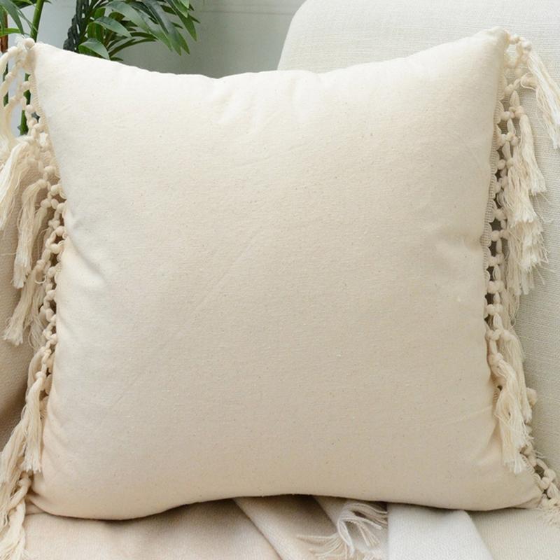 Soft Cotton-ramie Pillow Covers, European Style With Tassels Cushion Cover Shell for Sofa Bedroom Cream Beige Stylish