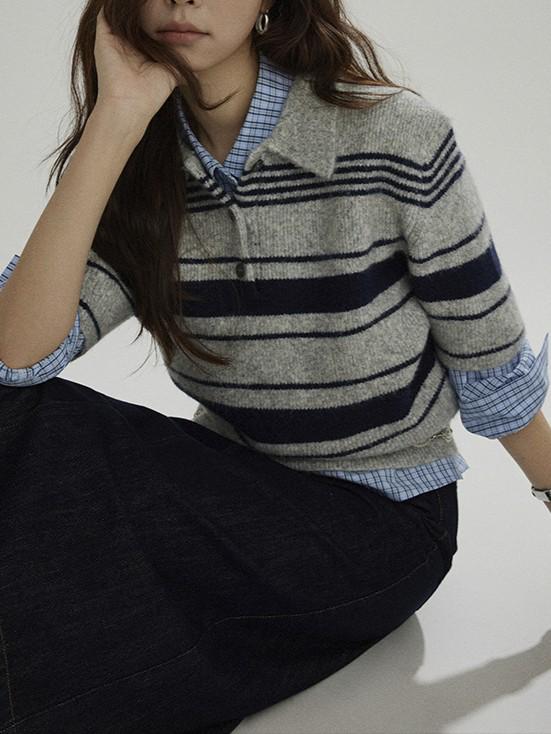 Joli Chiose Women's Striped Polo Collar Knit Sweater - Autumn Long Sleeve Casual Style