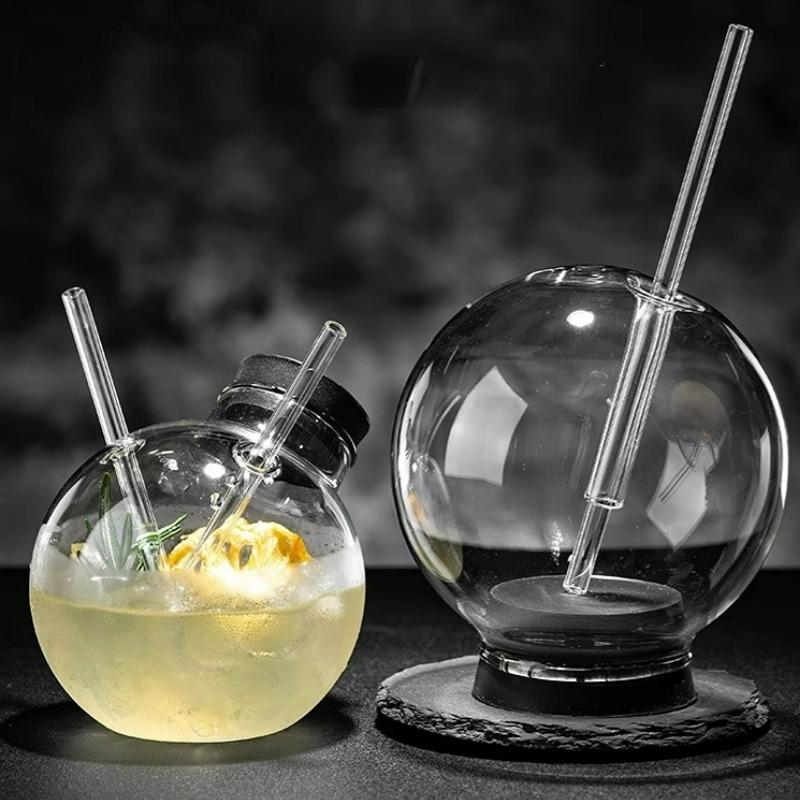 Bicchiere di Vetro a Forma di Globo, Bicchiere di Vetro Creativo Unico, Bicchieri da Cocktail per Mixology Molecolare Bicchieri a Doppia Cannuccia, Bicchieri per Bevande e Succhi