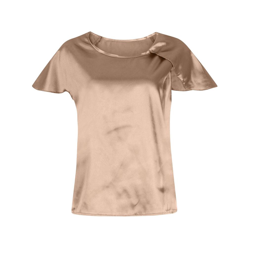 Women's Casual Elegant Satin Pleated Color Loose Peplum Top Women Detail Asymmetric Collar Shirt