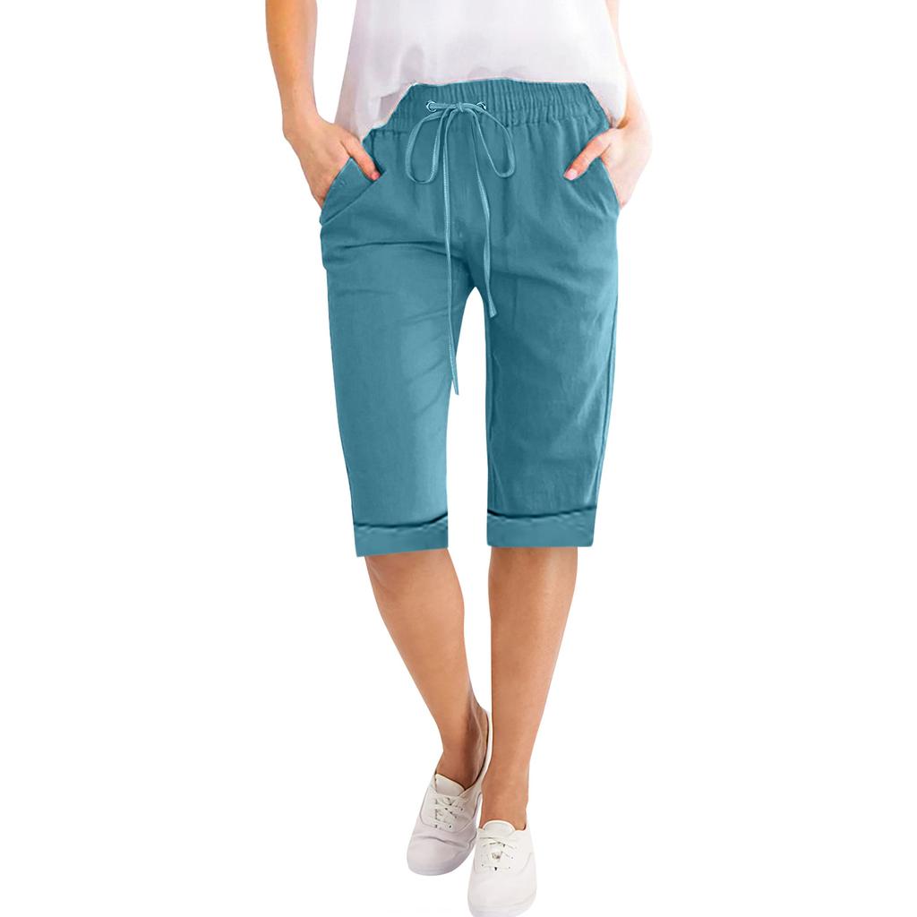Women's Drawstring Mid Waist Capri Pants Loose Straight Leg Linen Five Point Trousers Elegant Solid Pocket Casual Home Shorts
