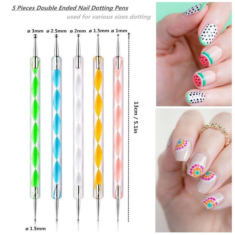 21Pcs Nail Art Design Tool Kits - 1 Resin Nail Art Palette, 5 Nail Art Dotting Pens, 15 Nail Art Brushes, Nail Polish Mixing Palette Double-Ended