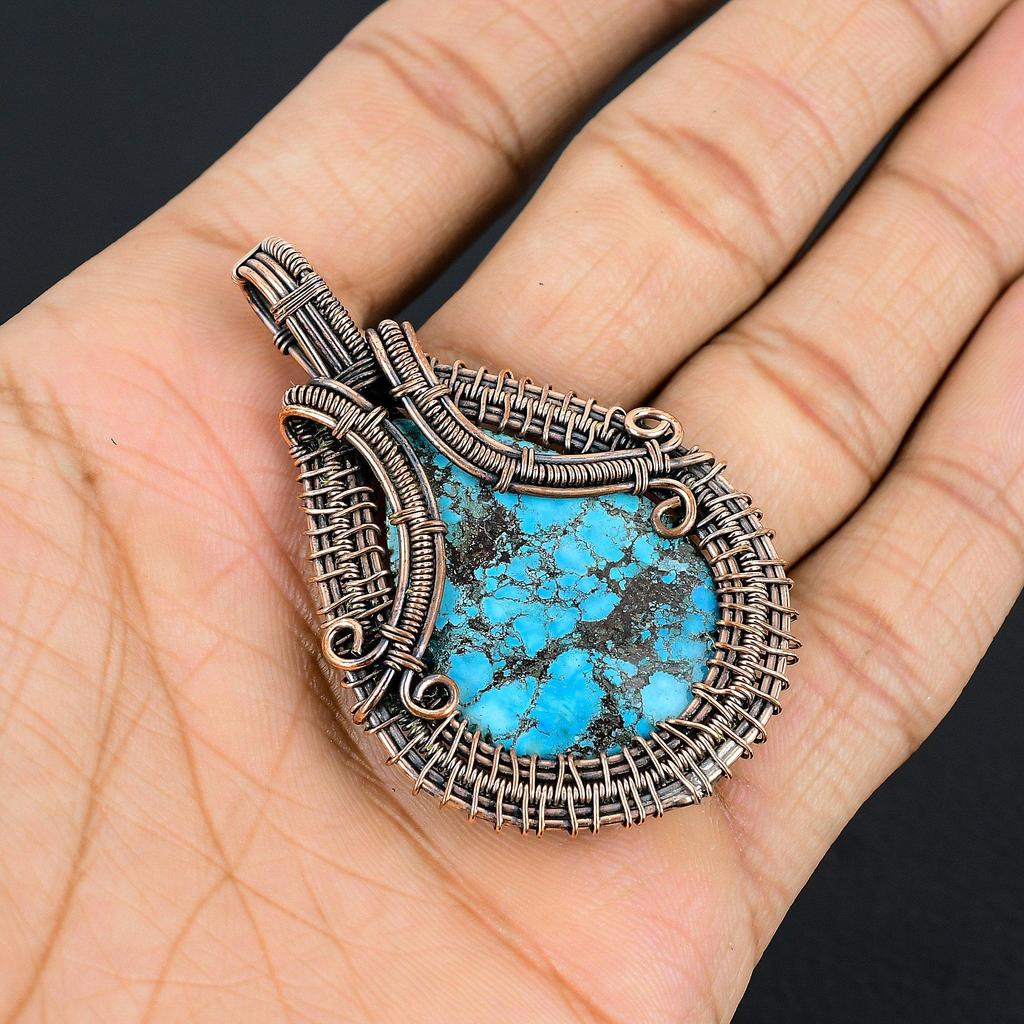 Tibetan Turquoise Pendant, 999 Copper Wire Wrapped Gemstone Jewelry, Handmade Pendant, For Thanksgiving