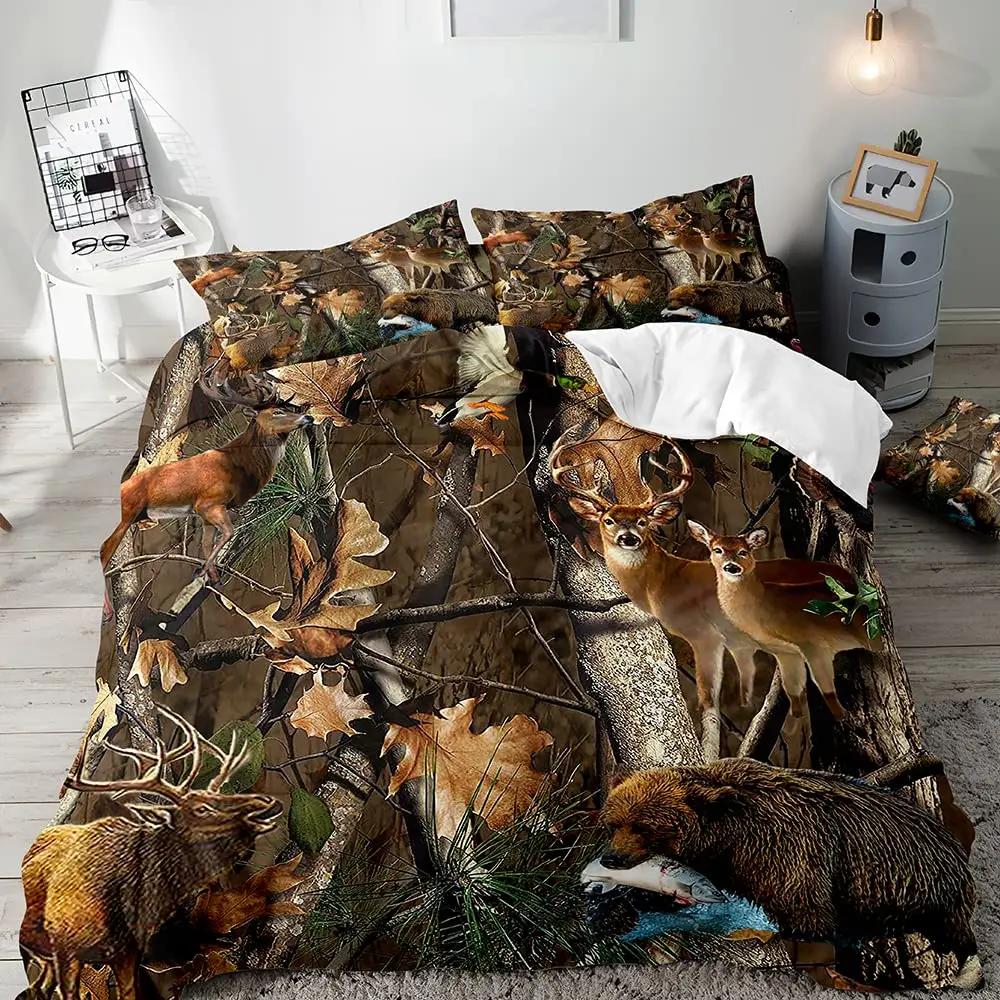 Deer Duvet Cover SetWoodland Animals Elk Moose Bear Wildlife Hunting Country Cabin Bedding SetRustic Farmhouse Comforter Cover