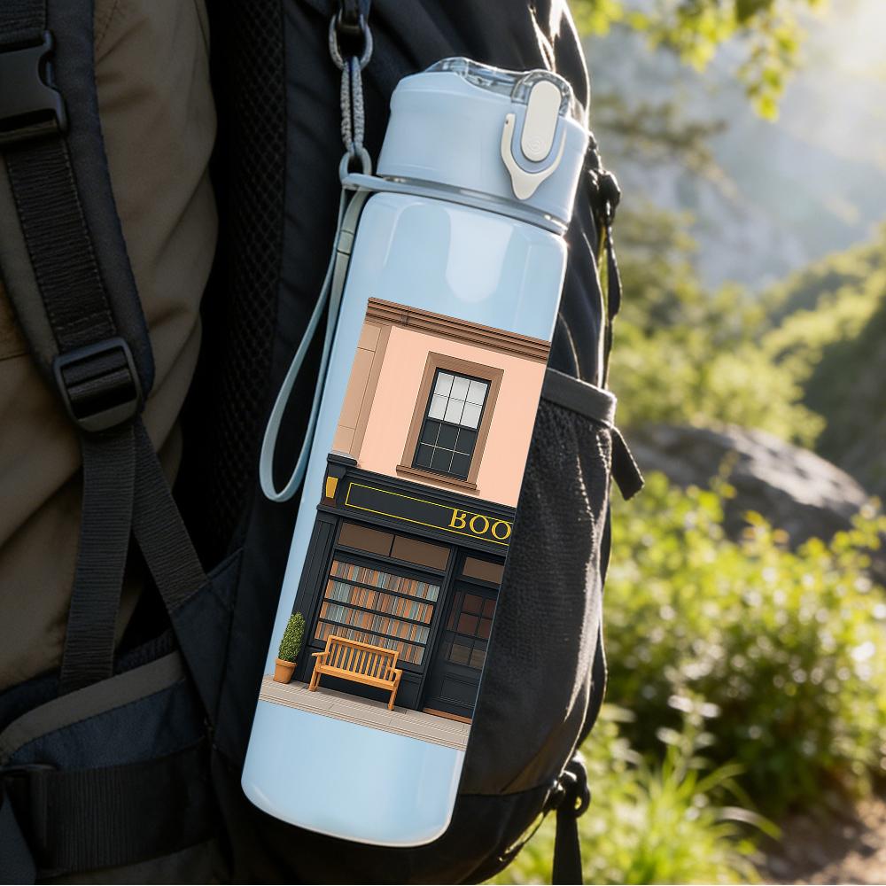 1PC Vintage Street Shop Facade 750ml Color Plastic Sports Water Bottle Leakproof Flip Straw Lid For Sports Office Home Use