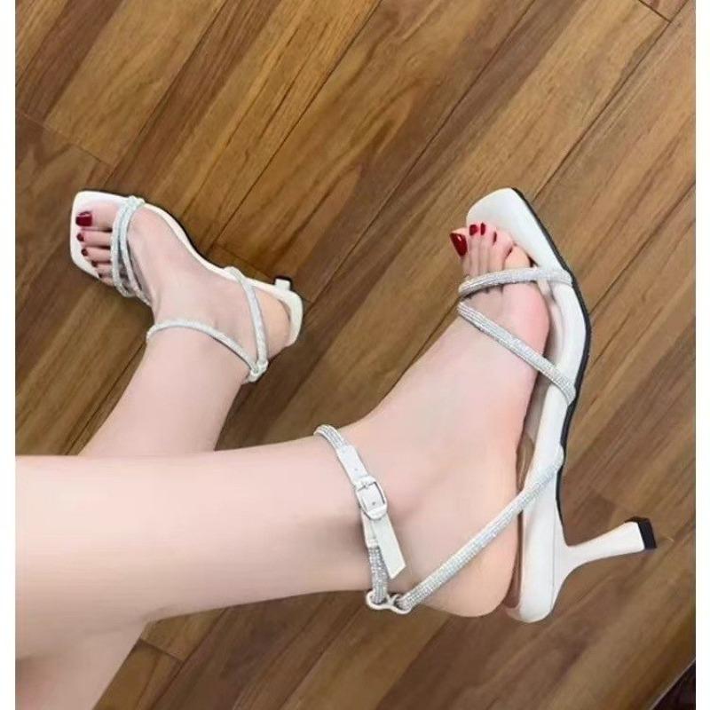 Rhinestone strap beautiful stiletto sandals 2025 new summer square toe open-toe French temperament sexy dress soft high heels