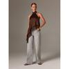 Women Summer Sleeveless Halter Top Satin Lace Trim Asymmetrical Hem Blouse