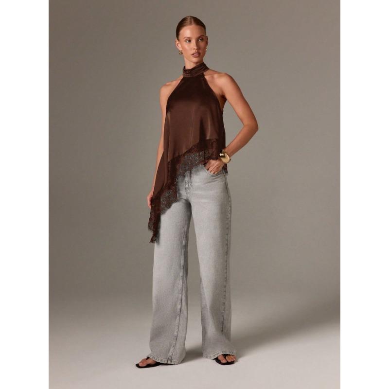 Women Summer Sleeveless Halter Top Satin Lace Trim Asymmetrical Hem Blouse