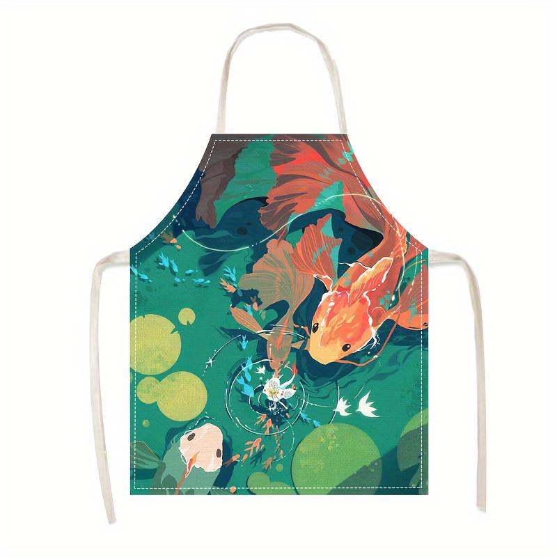 1pc Koi Fish Apron Linen Japanese Style Kitchen Cooking Baking Smock Adult Chef Gift Men Women Oriental Art Design
