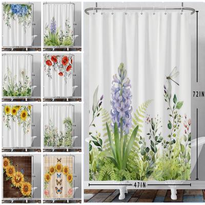 Moderner frischer Pflanzen-Duschvorhang Blumen Sonnenblume Hyazinthe Duschvorhänge Badezimmerdekor Wasserdicht Mit 12 Haken Vorhänge