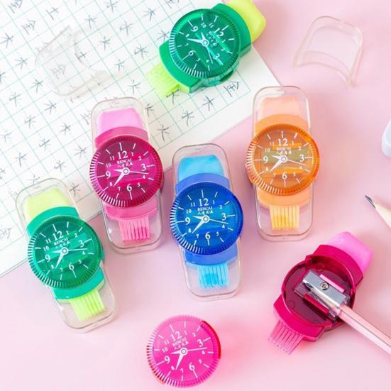 6Pcs Student Pencil Sharpener 3 In 1 Watch Shape Random Colors Pencil Cutter with Reel Eraser Brush