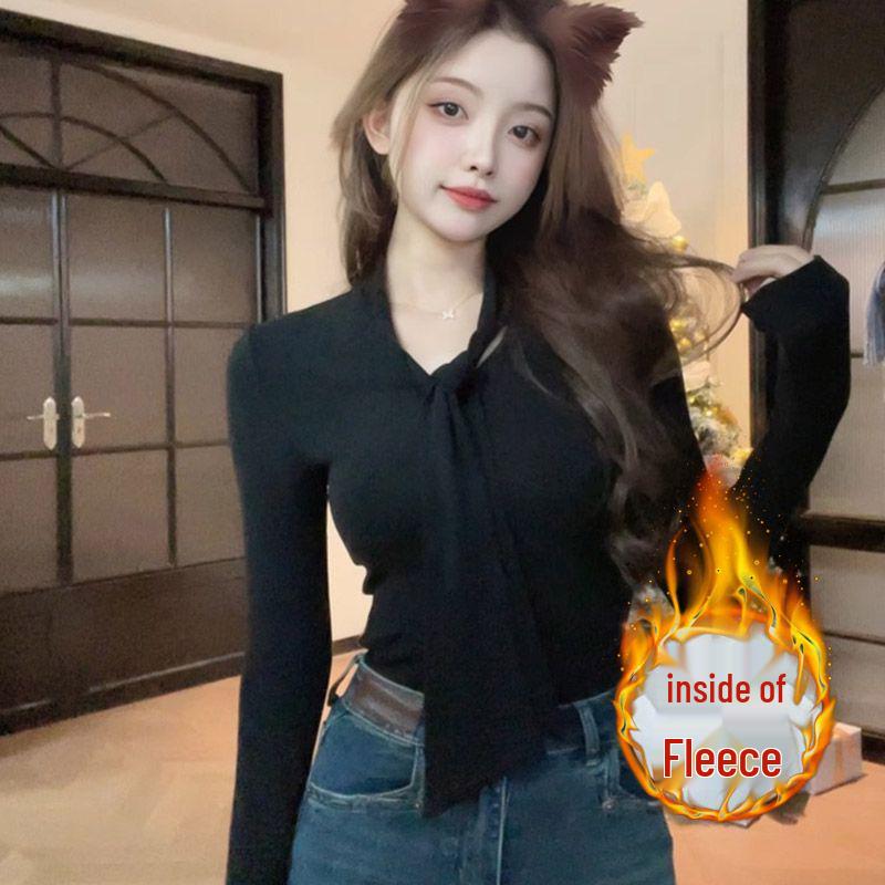 Women's V-Neck Lace-Up Long Sleeve Velvet T-Shirt: Pure Desire Style, Optional Thickness for Autumn/Winter