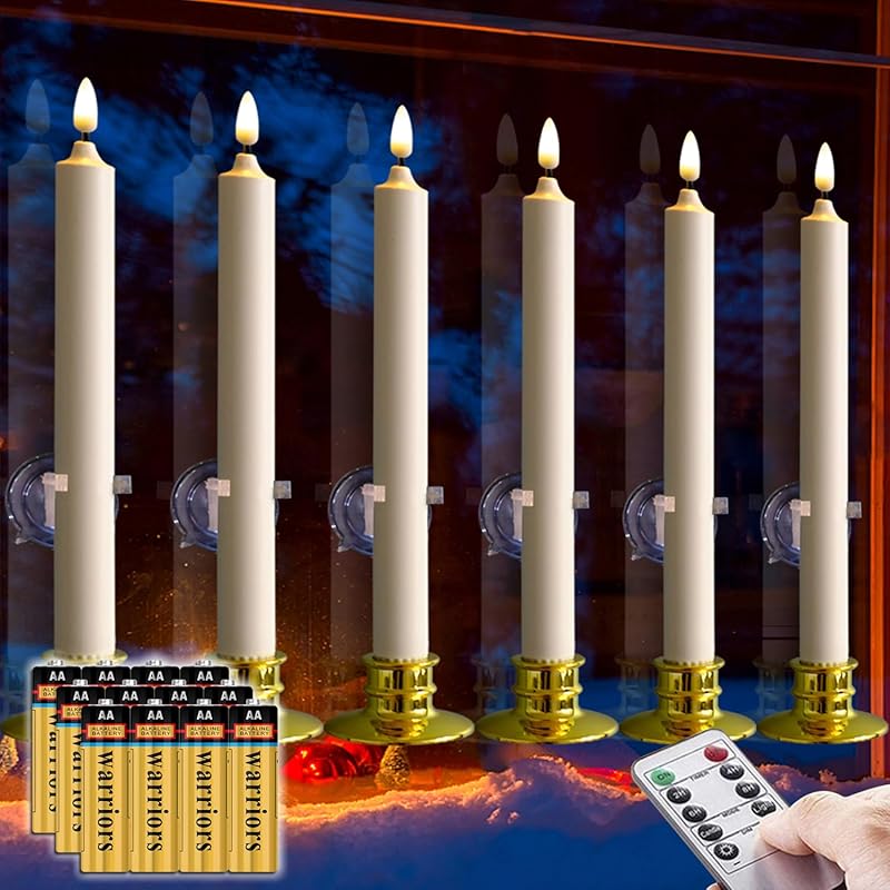 10 Pack Window Candles +20 AA Batteries(Include,Run More Than 400 Hours) + Candleholders + Suction Cups+ 2 Remote. 8'' Tall. IVORY LED Battery