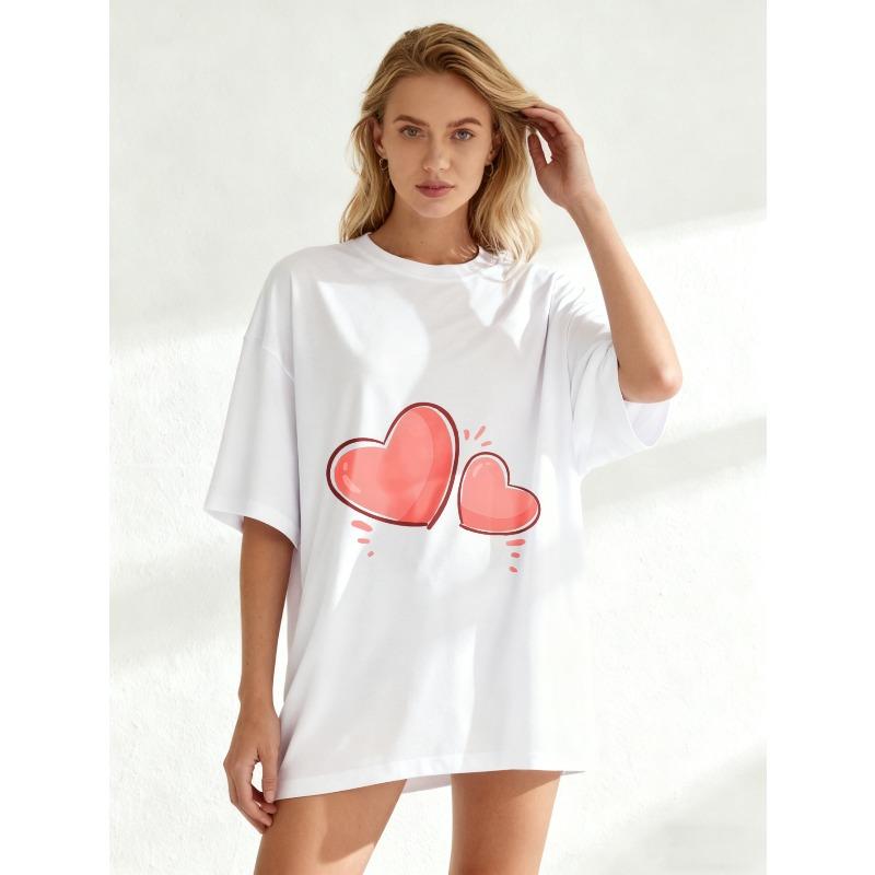 Women's Short-Sleeve T-Shirt with Cute Pink Double Heart Cartoon Print