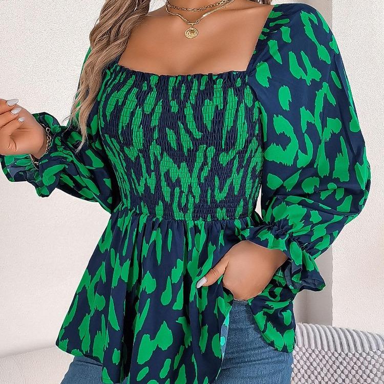 Women Long Sleeve Leopard Print Chiffon Blouse Streetwear Top Square Neck Tee Ladies T Shirt