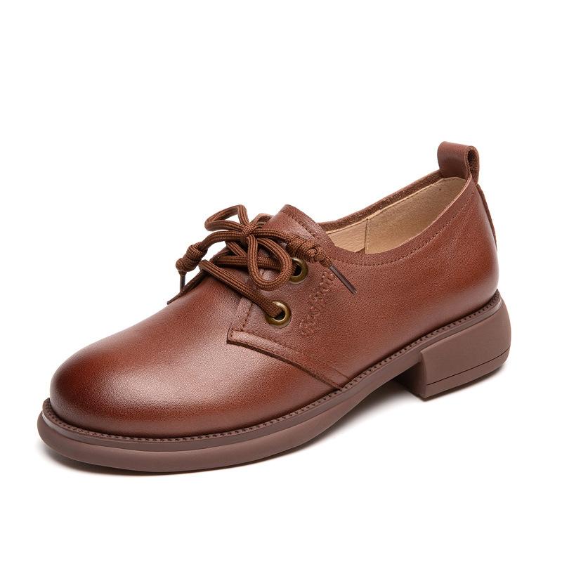 First layer cowhide loafers women's autumn new genuine leather new soft sole soft surface lace-up flat bottom work shoes small leather shoes