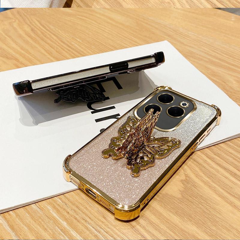 Luxury Plating Shockproof Butterfly Stand Phone Case For Infinix Hot 40 Pro 30 30i 40i 10S NFC 10 Lite 9 Play Glitter Soft Cover