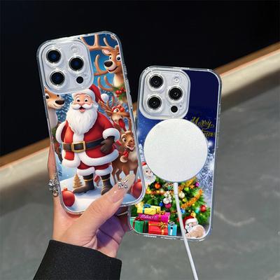 Coque transparente Magsafe Ae119 avec motif Père Noël et inscription « Joyeux Noël » pour Samsung S23, S24 Ultra, S21 FE, iPhone 16 Pro Max, avec chargement sans fil magnétique