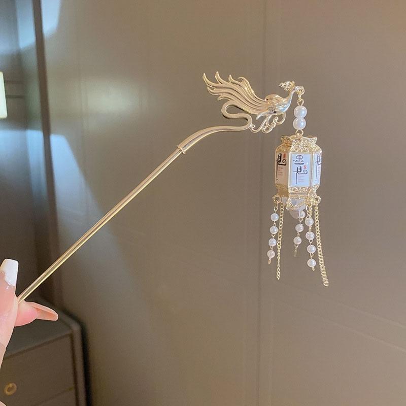 LED Lantern Dangling Hairpin Tassels Buyao Hair Stick Antique Acrylic Hair Pin for Female Chinese Costume Accessories
