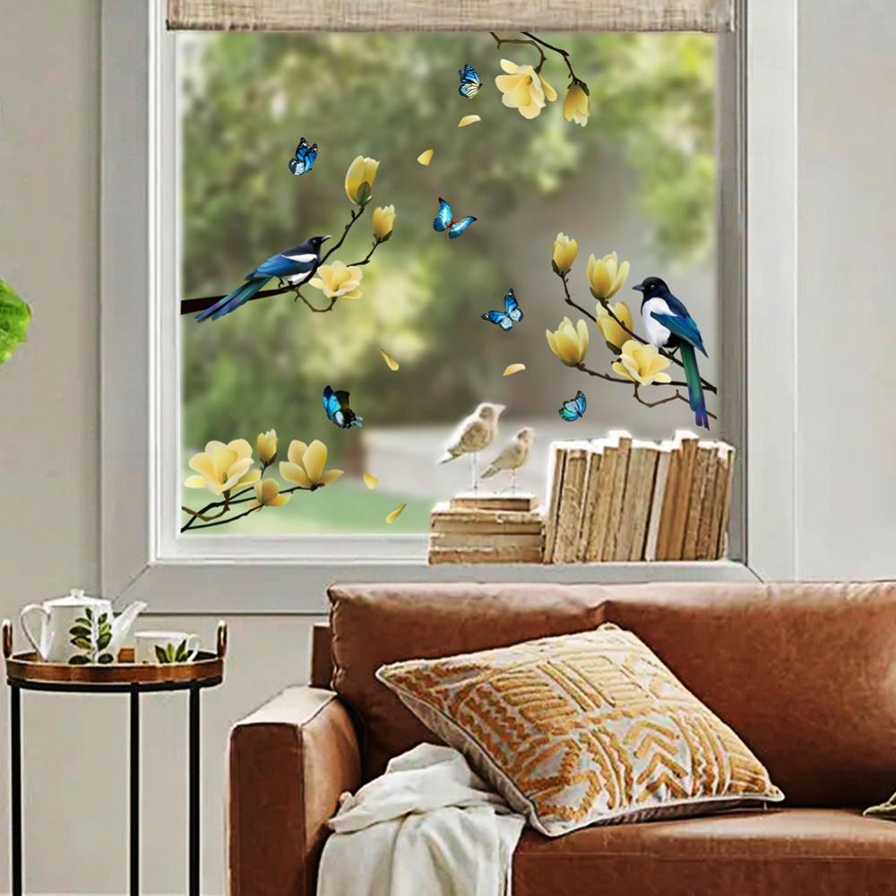 Chinese Style Vintage Bird Sticker Flower Bird Painting Art Wall Stickers Living Room Sofa Wall Decor Self-adhesive Wall Decals