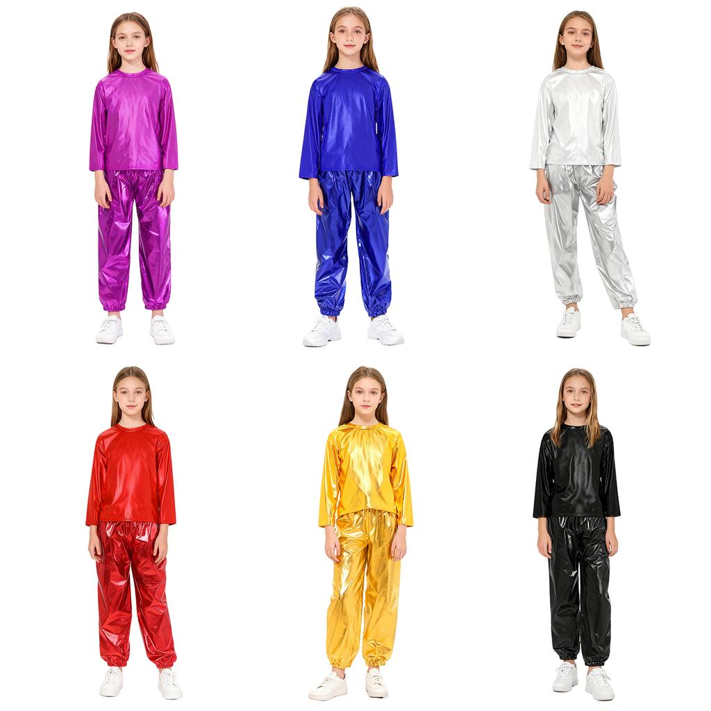 Kids Girls Party Performance Set: Eye-Catching Metallic Shiny T-shirt & Pants, Easy To Move In for Dance Competition or Play
