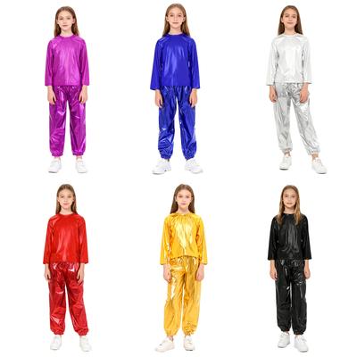 Kids Girls Party Performance Set: Eye-Catching Metallic Shiny T-shirt & Pants, Easy To Move In for Dance Competition or Play